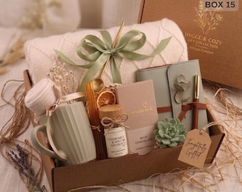 Hygge Gift Box for Her, Cozy Care Package with Blanket, Self Care Gift Basket, Succulent and Tea Gift Set, Birthday Gift for Best Friend
