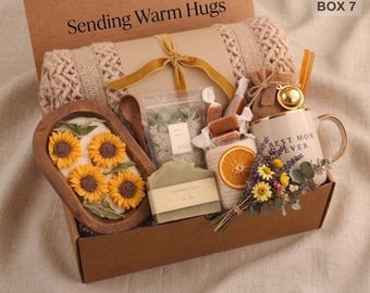 Sunflower Hygge Gift Box, Cozy Blanket, Mug, Soap, Bath Salts, Caramels
