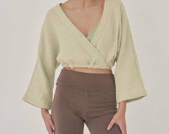 Bawełniany top kopertowy dla kobiet, kardigan baletowy z bufiastymi rękawami, krótki bolerko do jogi z dekoltem w serek, minimalistyczny narzutka w stylu boho, lekka, miękka bawełniana bluzka