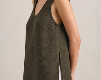 Luxury Ramie Knit Tank Top, High End Side Slit Sleeveless Blouse, Minimalist Raw Hem Summer Vest, Quiet Luxury Clothing, Elegant Boho Tank