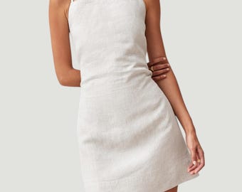 Linen Cotton Mini Dress for Women Backless Crossover Straps Summer Beach Sundress Elegant Casual Sleeveless Party Dress Pure Natural Fabric