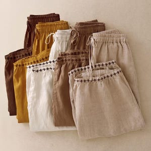 100% reine Leinen Hose mit weitem Bein für Frauen, minimalistische Cottagecore Sommerhose, locker sitzende elastische Taille Boho Hose, lässig nachhaltig