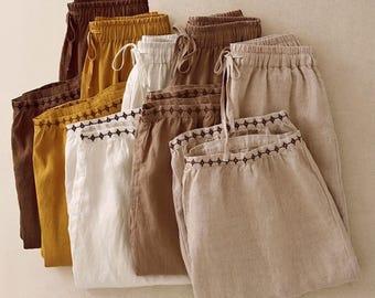 100% reine Leinen Hose mit weitem Bein für Frauen, minimalistische Cottagecore Sommerhose, locker sitzende elastische Taille Boho Hose, lässig nachhaltig