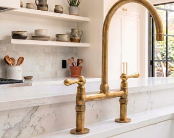 Unlacquered Brass Bridge Faucet, Vintage Kitchen Tap, Solid Brass Construction