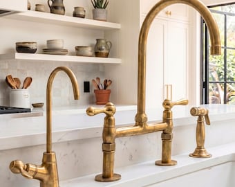 Brass Kitchen Faucet Set with Sprayer & Filter Tap, Luxury Farmhouse Tap