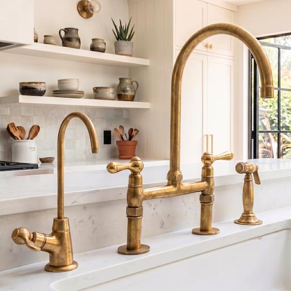 Brass Kitchen Faucet Set with Sprayer & Filter Tap, Luxury Farmhouse Tap