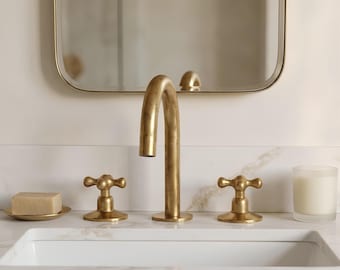 Unlacquered Brass Bathroom Faucet, Widespread 3 Hole Sink Tap, Natural Vanity Fixture