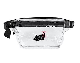 Riñonera transparente con diseño de gato negro y lazo rosa / Bolso de cintura holográfico transparente