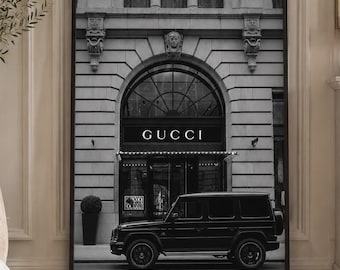 Gucci Storefront Poster, Black Luxury SUV, Fashion Wall Art, Street Style Decor