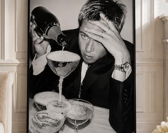 Brad Pitt Champagne Poster, Black and White Hollywood Wall Art (Giclée Print)