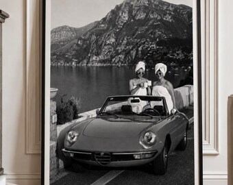 Alfa Romeo Spider Print, Amalfi Coast B&W Photography, Vintage Italian Car Poster