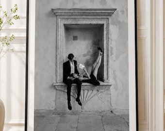 Vintage Romantic Couple Poster, Black and White Fashion Photography, Old Money Decor