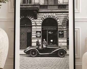 Vintage Alfa Romeo 1930s Budapest Showroom Print, Black & White Automotive Decor