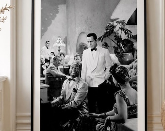 Casablanca Movie Poster, 1940s Hollywood Cinema Print, Black and White Café Decor