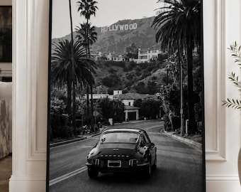 Porsche 911 Hollywood Hills Print, Vintage Black and White California Car Decor