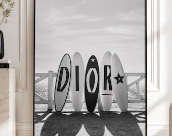 Dior Surfboard Poster, Black and White Beach Wall Art, Luxury Coastal Fashion Print, Surf Decor, Monochrome Summer Wall Art