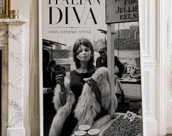Sophia Loren Italian Diva Poster, Black White 1960s Cinema Print, Vintage Glamour Decor