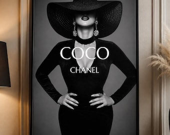 Coco Chanel Poster, Black and White Fashion Wall Art, Woman in Wide Brim Hat Print, Luxury Editorial Glam Decor