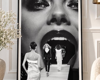 Surreal Fashion Runway Poster: Models Walk Beneath Oversized Face (Black & White)