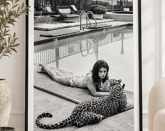 Vintage Poolside Leopard Poster, Black & White Glamour Wall Art, Old Money Decor