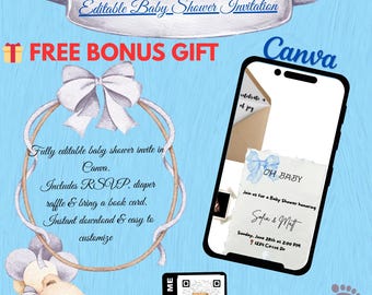 Editable Baby Boy Shower Invitation, Diaper Raffle, Bring Book Card (Digital Download)