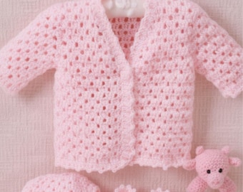 Handmade Crochet Baby Set – Pink Cardigan, Bonnet, Booties (6-12 Months)