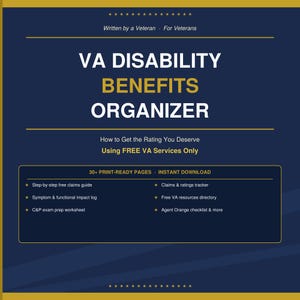 Puede incluir: Un gráfico azul marino y dorado con el texto "VA Disability Benefits Organizer". El texto incluye "How to Get the Rating You Deserve" y una lista de características como una guía de reclamos y un rastreador de calificaciones.