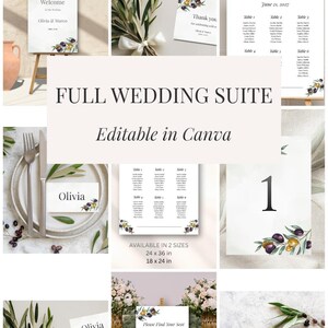 Könnte beinhalten: Hochzeitspapeterie-Set mit Willkommensschildern, Sitzplänen, Tischnummern, Tischkarten und Dankeskarten. Das Design beinhaltet Olivenzweig-Illustrationen und den Text "Full Wedding Suite, Editable in Canva".