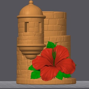 Puede incluir: Escultura renderizada en 3D con una estructura de ladrillos beige, una torreta con cúpula y una gran flor de hibisco roja con hojas verdes. La escultura tiene una apariencia detallada y texturizada.