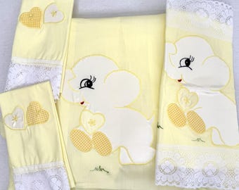 Vintage Nursery Set Embroidered Elephants Fitted Sheet & Pillowcases Retro