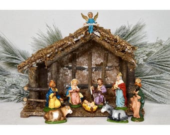 VTG Nativity Made In Italy W/ Wood Creche Christmas Mary Jesus Joseph 9 Piece