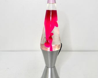 Lâmpada de movimento de lava vintage 16" original, cera rosa, líquido transparente, base prateada, 2002 Y2K