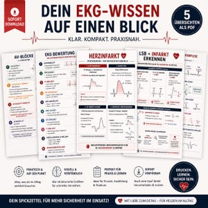Op de afbeelding: Een set educatieve kaarten met medische diagrammen en tekst, waaronder "EKG Bewertung" en "Herzinfarkt". De kaarten bevatten illustraties van hartritmes en gerelateerde medische informatie, met de woorden "SOFORT DOWNLOAD" in de linkerbovenhoek.