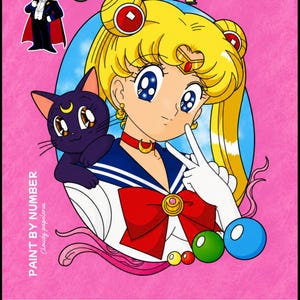 Pode incluir: Um kit de pintura por números da Sailor Moon com uma ilustração vibrante da personagem loira com um gato preto, um laço vermelho e uma figura de smoking. O fundo rosa exibe o texto SAILOR MOON e PAINT BY NUMBER Cloudy papeleria.