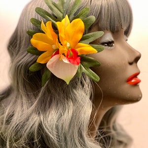 Wahine in a bikini-yellow orchids with pink anthurium, pinup, tiki, viva Las Vegas, tropical hair flower, tiki oasis