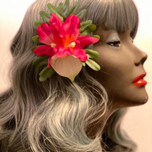 Wahine in a bikini-red orchid with pink anthurium, pinup, pool party, rockabilly, tiki, tropical hair flower, tiki oasis