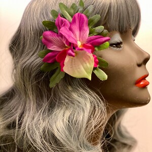 Wahine in a bikini-fuchsia orchids with pink anthurium, pinup, tiki, viva Las Vegas, tropical hair flower, tiki oasis