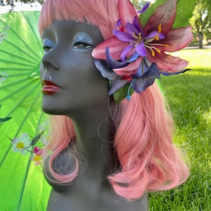 Blue Hawaiian-tiger lilies and assorted tropical flowers, tiki, oasis, viva Las Vegas, pinup, pool party, tropical