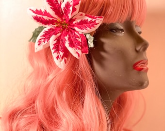 Holiday‎ Red Rose White Poinsettia Hair Flower Clip Pinup Rockabilly Christmas Red and White Poinsettia Holiday Hair Clips - Etsy main image 3