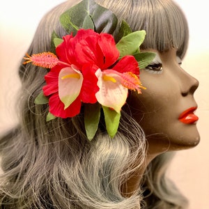 Tropical babe-double red hibiscus with anthurium, pinup, tiki, viva Las Vegas, tropical hair flower, tiki oasis