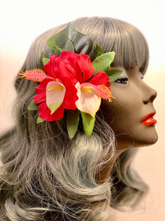 Tropical Babe-double Red Hibiscus With Anthurium Pinup Tiki - Etsy Tropical Babe-double Red Hibiscus With Anthurium Pinup Tiki - Etsy