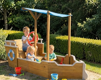 Arenero de madera para niños, arenero con forma de barco y banco.