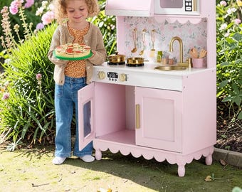 Juego de cocina infantil para niños pequeños, cocinita de madera con 5 accesorios.