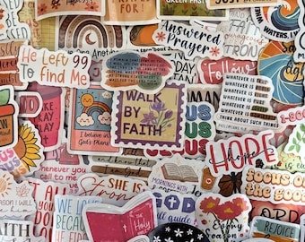 May include: A collection of assorted vinyl stickers featuring religious and inspirational themes. The stickers display various colorful illustrations including rainbows, flowers, butterflies, and open books, alongside text such as Walk by Faith, Hope, and He Left 99 to Find Me.