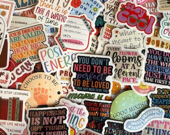 May include: A collection of assorted vinyl stickers featuring motivational quotes and colorful graphic designs. The stickers display various phrases including If it makes you happy then it is not a waste of time, You don't need to be perfect to be loved, and Good mindset good energy.