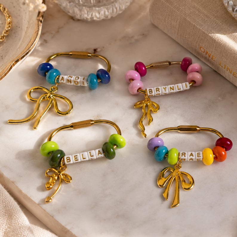 Keepsake Gift Keychain Personalized Name Custom Letter Bead Bag Charm Best Friend Birthday Present Appreciation Token Teacher Thank You Gift Bridesmaid Proposal Present Gold Bow Charm Monogram Initial Jewelry Design Colorful Glass Beads
