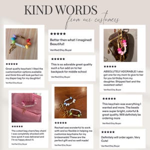May include: A collage of customer reviews titled KIND WORDS from our customers, featuring five-star ratings and photographs of colorful beaded keychains with gold-toned metal clasps and charms attached to various bags and surfaces.