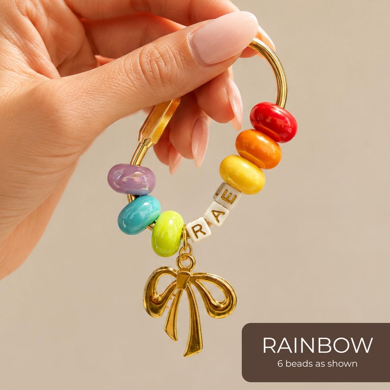 Custom Letter Bead Keychain Personalized Name Design Bag Charm Accessory Birthday Gift Best Friend Present Appreciation Token Teacher Thank You Gift Gold Bow Charm Monogram Initial Jewelry Colorful Beaded Design Wire Bangle Accessory