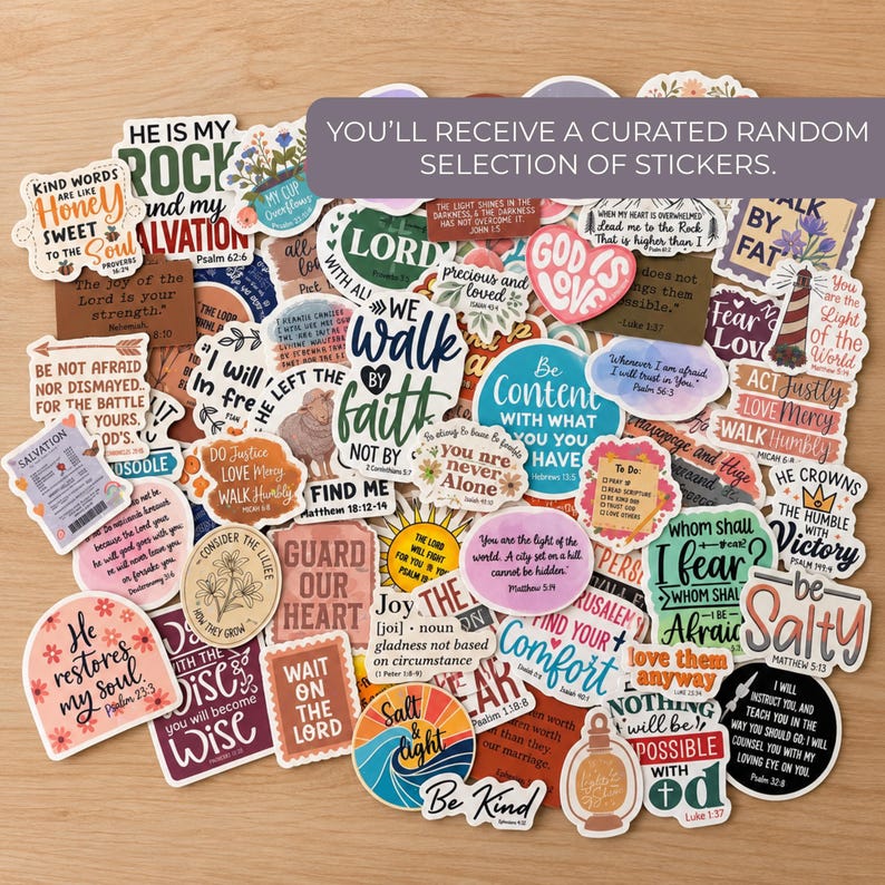 May include: A collection of assorted vinyl stickers featuring various religious quotes, floral illustrations, and inspirational phrases. The stickers come in diverse shapes, sizes, and colors, including text like 'He is my rock', 'God is love', and 'Be salty'.