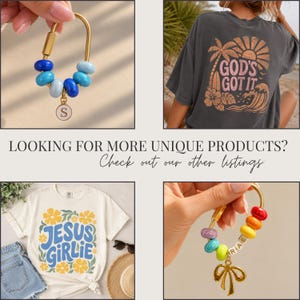 May include: A collage featuring three beaded keychains with charms, a cream t-shirt with yellow flowers and the text JESUS GIRLIE, a white t-shirt with the text kinda Chic to be Kind, and a collection of small colorful animal figurines.